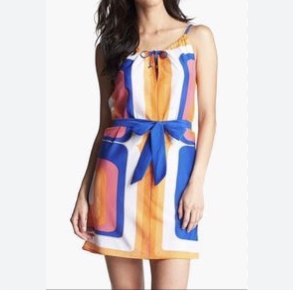 Trina Turk Retro Mini Dress Vintage 60s Mod Orange Pink Blue Silk Mini Medium